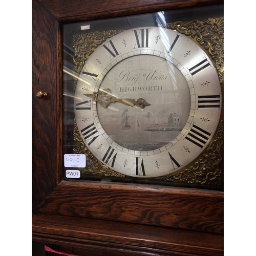 401C - A CIRCA 1720 HIGHWORTH WEST COUNTRY OAK CASED GRANDFATHER CLOCK WITH WEIGHTS AND PENDULUM (ONE FINGE... 