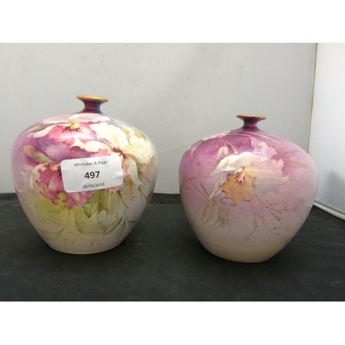 497 - A PAIR OF ANTIQUE GERMAN ROYAL BONN FLORAL PATTERNED BUD VASES