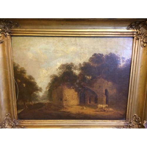 506B - A MID 18TH CENTURY GILT FRAMED ENGLISH OIL PAINTING OF A RUINED ABBEY