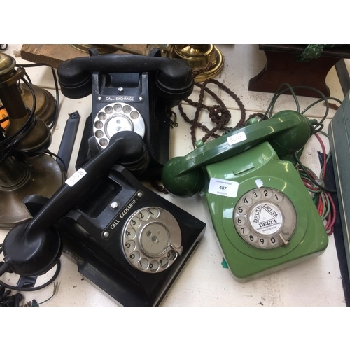 487 - A PAIR OF MATCHING G.P.O. DIAL UP CALL EXCHANGE TELEPHONES TOGETHER WITH A GREEN DELTA DIAL UP TELEP... 