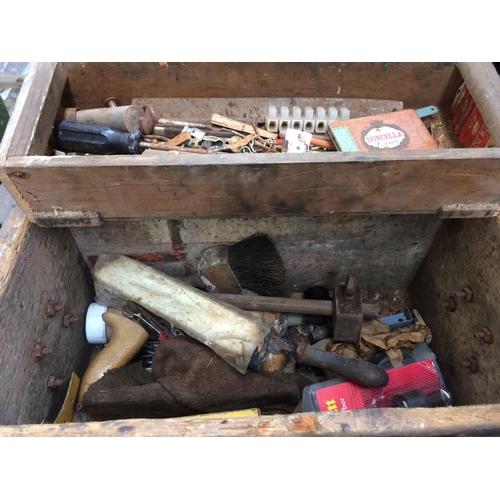 126 - TWO WOODEN TOOL BOXES CONTAINING SCREW BOXES, HILKER OIL STONE, WOODEN SCRIBER ETC