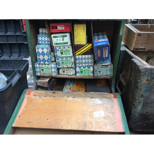 126 - TWO WOODEN TOOL BOXES CONTAINING SCREW BOXES, HILKER OIL STONE, WOODEN SCRIBER ETC