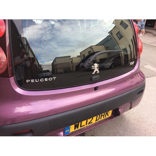 24 - A PURPLE 2012 PEUGEOT 107 FIVE DOOR HATCHBACK, 998CC PETROL, 5 SPEED MANUAL GEAR BOX, 39283 MILES, M... 