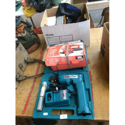 106 - THREE ITEMS TO INCLUDE A CASED MAKITA 6095D 9.6V CORDLESS DRILL WITH TWO BATTERIES AND CHARGER (W/O)... 