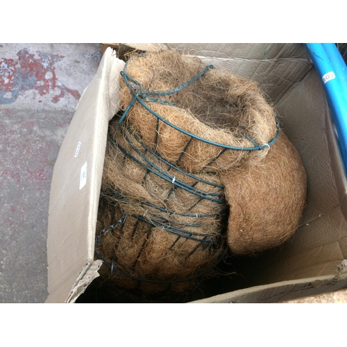 111 - A BOX CONTAINING A LARGE QUANTITY OF HESSIAN LINED GREEN METAL HANGING BASKETS