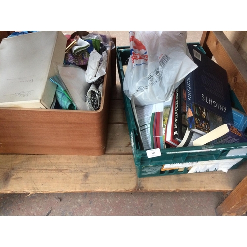 117 - A LARGE MIXED LOT TO INCLUDE BOOKS, POTTERY, WICKER WASHING BASKET, FUJI FILM DIGITAL CAMERA ETC