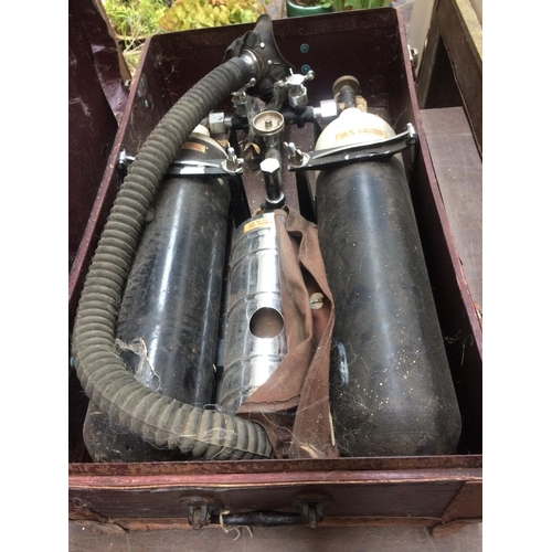 126 - TWO ITEMS TO INCLUDE AN FM MOTORCYCLE HELMET AND A VINTAGE BOXED BREATHING APPARATUS KIT