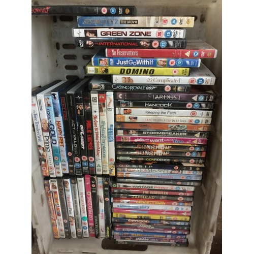 141 - SIX BOXES CONTAINING DVD'S, CD'S, MCDONALDS TOYS, GAMES, CURTAINS ETC