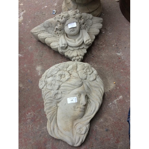 170 - TWO RECONSTITUTED STONE WALL MOUNTABLE GARDEN PLANTERS TO INCLUDE ONE CHERUB AND ONE GODDESS