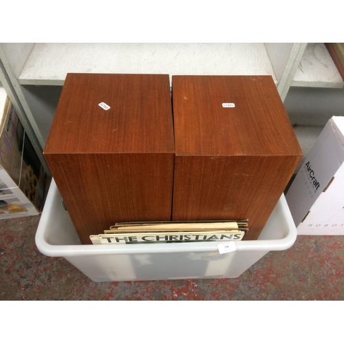 196 - A BOX CONTAINING TWO VINTAGE WHARFEDALE HIFI SPEAKERS AND A SELECTION OF VINYL RECORDS TO INCLUDE MI... 