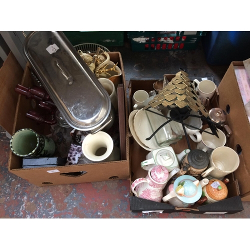 251 - FOUR BOXES CONTAINING MIXED ITEMS TO INCLUDE CERAMICS, GLASSWARE, TABLE LAMP, TOILETRIES, FISH KETTL... 