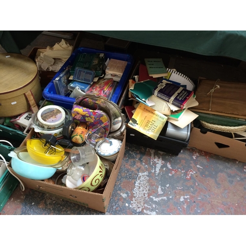 260 - EIGHT BOXES CONTAINING MIXED ITEMS TO INCLUDE BOOKS, WICKER BASKETS, ELECTRIC FANS, KITCHENWARE, GLA... 