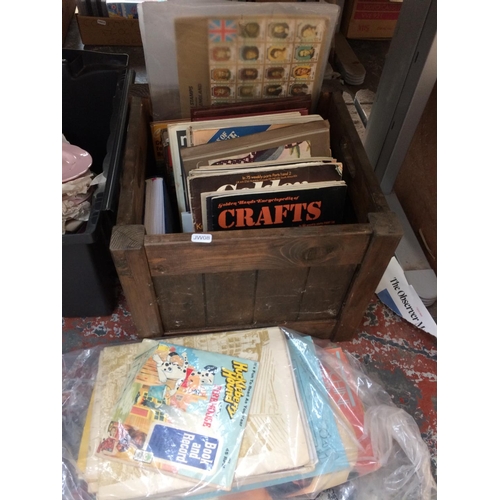 262 - THREE BOXES CONTAINING MIXED ITEMS TO INCLUDE CERAMICS, GLASSWARE, CRAFT MAGAZINES, ORNAMENTS, TUREE... 