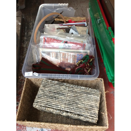 263 - THREE BOXES CONTAINING MIXED ITEMS TO INCLUDE BASKETS, CERAMICS, PICTURES, STITCH CRAFT MAGAZINES, L... 