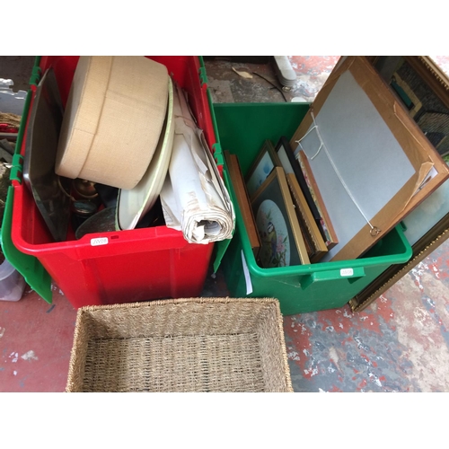 263 - THREE BOXES CONTAINING MIXED ITEMS TO INCLUDE BASKETS, CERAMICS, PICTURES, STITCH CRAFT MAGAZINES, L... 