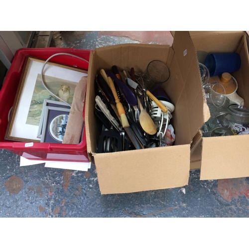 275 - SIX BOXES CONTAINING MIXED ITEMS TO INCLUDE CERAMICS, CUTLERY, GLASSWARE, PICTURES, TABLE LAMPS ETC