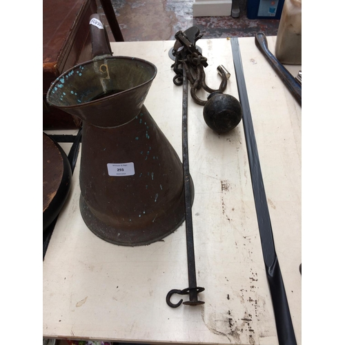 293 - TWO ITEMS TO INCLUDE A LARGE COPPER JUG AND AN ANTIQUE BUTCHERS MEAT HOOK