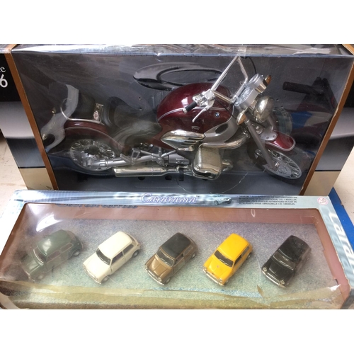 298 - FOUR MODEL VEHICLES TO INCLUDE A BURAGO 1960 MINI COOPER, DIECAST BMW R1200C MOTORBIKE ETC