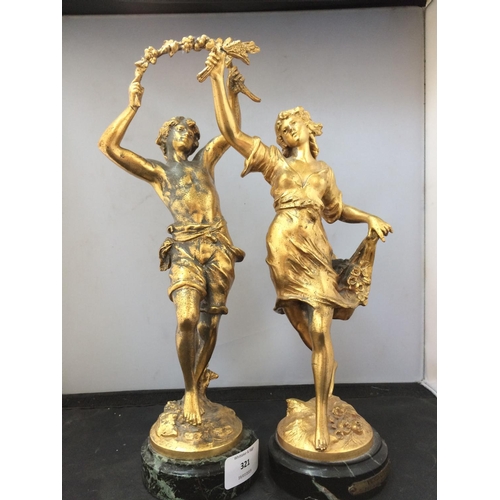 321 - A PAIR OF VINTAGE GILT METAL FIGURINES ON MARBLE BASES BY AUG MOREAU