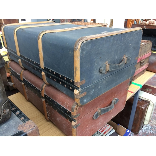 346 - TWO VINTAGE WOODEN BOUND TRAVELLING TRUNKS