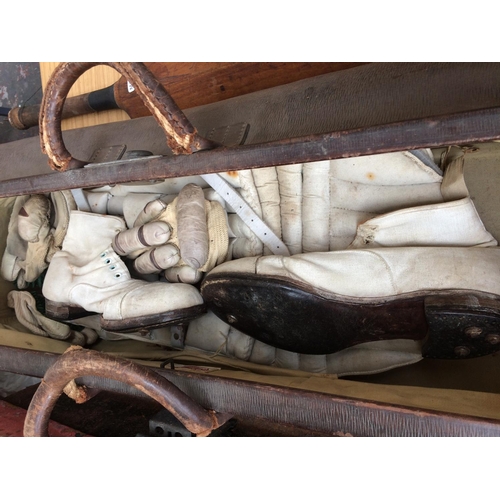 349 - A VINTAGE LEATHER CRICKET CARRY CASE CONTAINING SHOES, GLOVES, BAT ETC