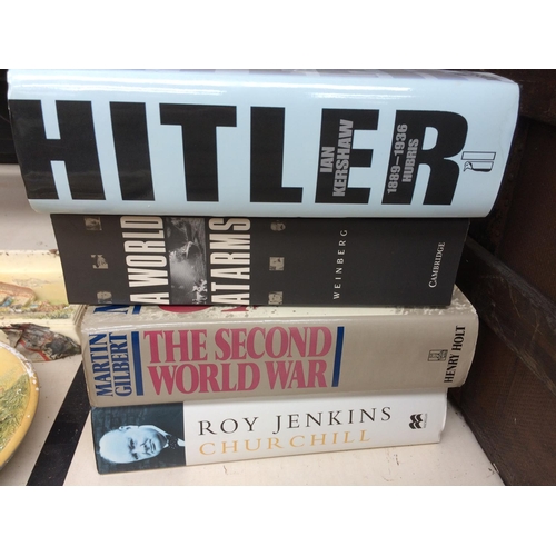 371 - A COLLECTION OF WAR BOOKS TO INCLUDE HITLER 1889 - 1936, THE DOWNFALL OF BERLIN, A WORLD AT ARMS ETC