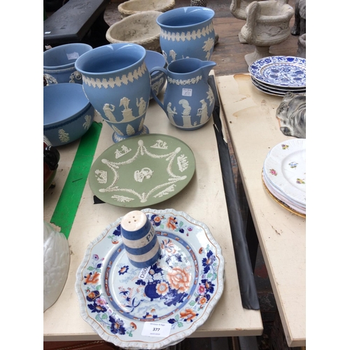 377 - A LARGE COLLECTION OF CERAMICS TO INCLUDE WEDGWOOD BLUE JASPERWARE, COBALT BLUE DISHES, COALPORT JUG... 