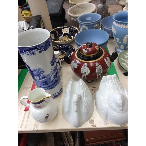 377 - A LARGE COLLECTION OF CERAMICS TO INCLUDE WEDGWOOD BLUE JASPERWARE, COBALT BLUE DISHES, COALPORT JUG... 