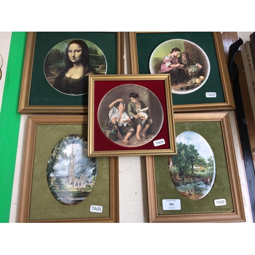 392 - FIVE FRAMED CHINA WALL PLAQUES AND A ROSENTHAL BAVARIA VASE