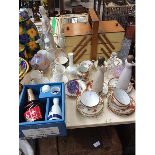 395 - A LARGE COLLECTION OF MIXED ITEMS TO INCLUDE A VINTAGE WOODEN SEWING BOX, ORIENTAL TEA SET, TWO WILL... 