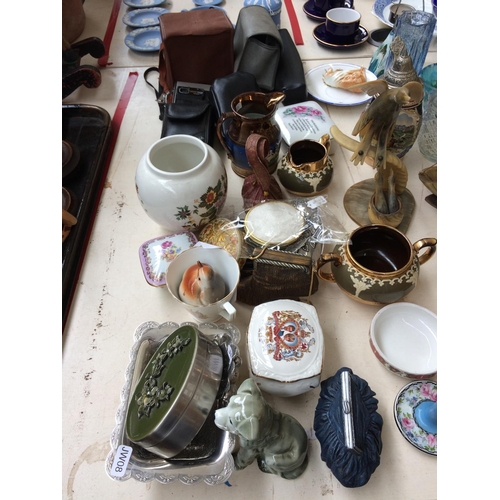 408 - A LARGE COLLECTION OF MIXED ITEMS TO INCLUDE VINTAGE TIN BOXES, GLASS JARS, CAMERAS, ORNAMENTS, TEAP... 