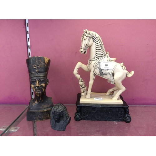 416 - THREE RESIN FIGURINES TO INCLUDE TWO EGYPTIAN FIGURINES AND ORIENTAL HORSE FIGURINE