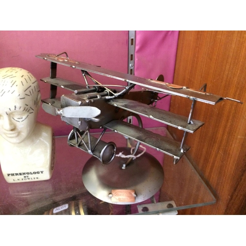 418 - A VINTAGE CHROME PLATED DESK LAMP, STAINLESS STEEL TRI PLANE AND A SMALL PHRENOLOGY HEAD