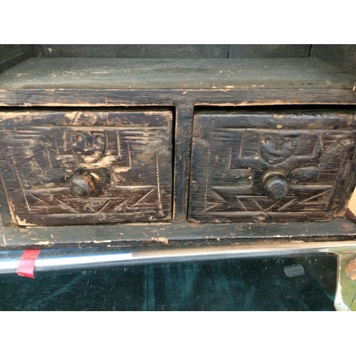 433 - A SMALL ORNATE PAINTED PINE CABINET WITH MIRROR AND TWO DRAWERS