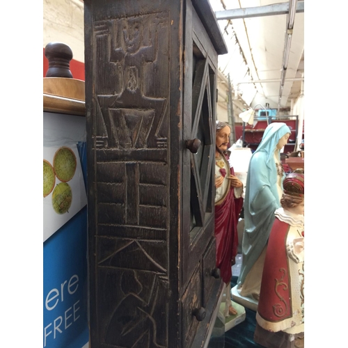 433 - A SMALL ORNATE PAINTED PINE CABINET WITH MIRROR AND TWO DRAWERS