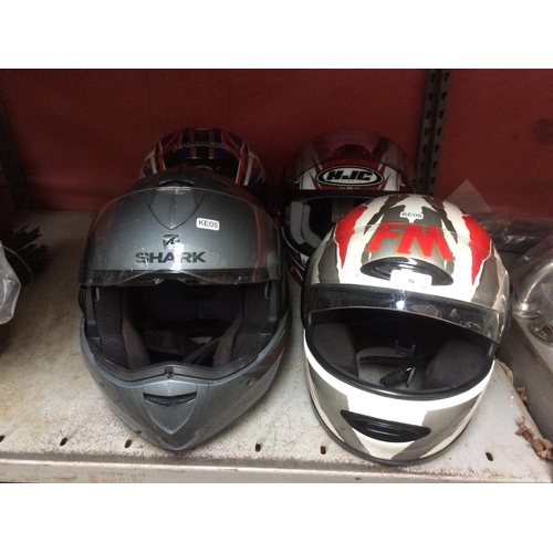 70 - FOUR VARIOUS MOTORCYCLE HELMETS TO INCLUDE, SHARK, HJC, FM AND TAKACHI