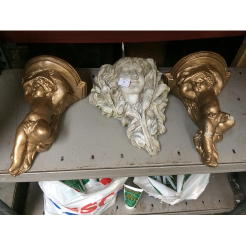 76 - THREE ITEMS TO INCLUDE TWO CHERUB WALL MOUNTABLE PLANT STANDS TOGETHER WITH A GODDESS WALL MOUNTABLE... 