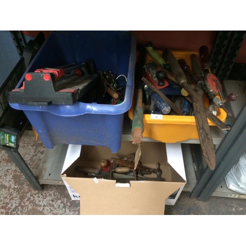 80 - THREE MIXED BOXES OF TOOLS TO INCLUDE STANLEY HAND DRILL, ACORN WOOD PLANE, GOOD QUALITY FILES, DRIL... 