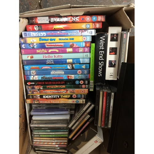 141 - SIX BOXES CONTAINING DVD'S, CD'S, MCDONALDS TOYS, GAMES, CURTAINS ETC