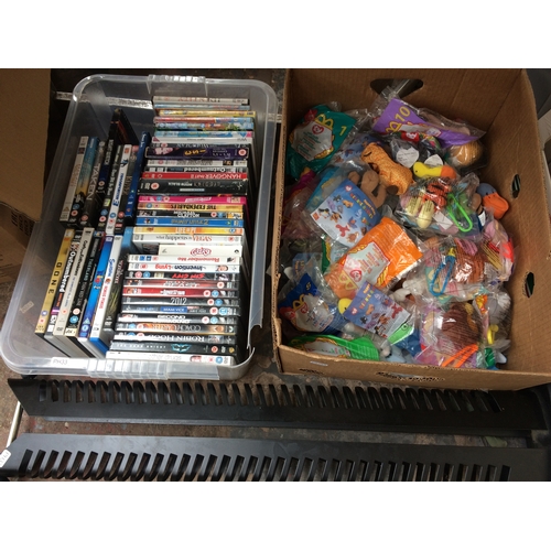 141 - SIX BOXES CONTAINING DVD'S, CD'S, MCDONALDS TOYS, GAMES, CURTAINS ETC