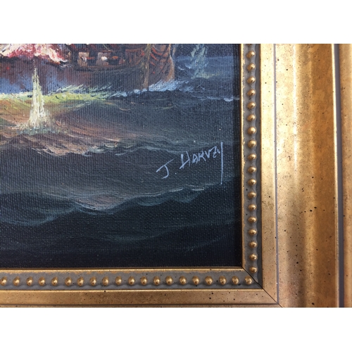 406 - A VINTAGE GILT FRAMED J HARVEY OIL PAINTING ON BOARD TITLED THE GALLEON