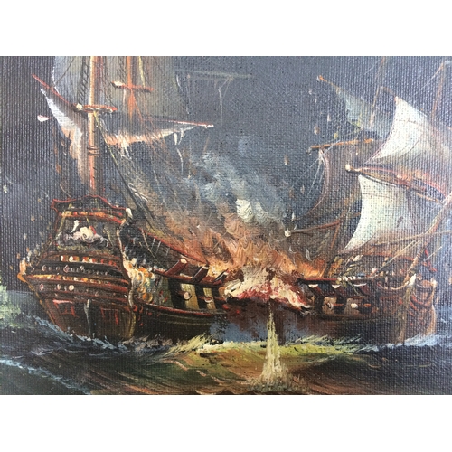 406 - A VINTAGE GILT FRAMED J HARVEY OIL PAINTING ON BOARD TITLED THE GALLEON