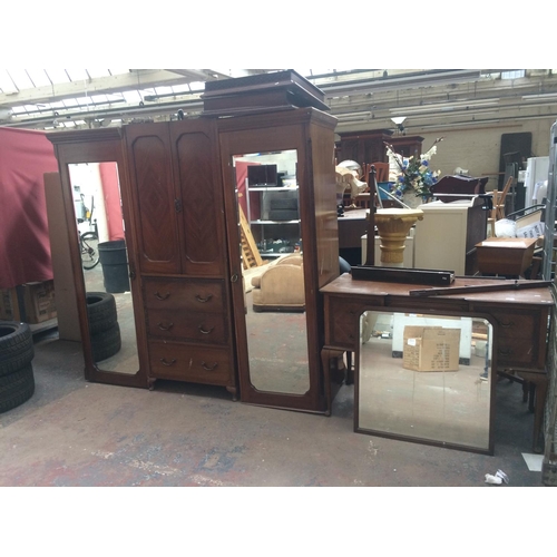 555 - A VINTAGE MAHOGANY TRIPLE WARDROBE WITH TWO BEVEL EDGE MIRRORS, THREE DRAWERS AND TWO DOORS TOGETHER... 