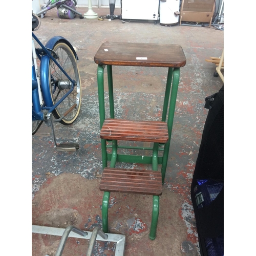 8 - A GREEN PAINTED VINTAGE FOLDING STEP STOOL