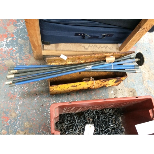 114 - TWO ITEMS TO INCLUDE A YELLOW METAL TOOLBOX TOGETHER WITH PLASTIC DRAIN RODS