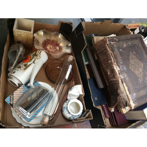 301 - FIVE BOXES CONTAINING MIXED ITEMS TO INCLUDE BOOKS, GLASSWARE, CERAMICS, BATHROOM LIGHTS, BATHROOM F... 