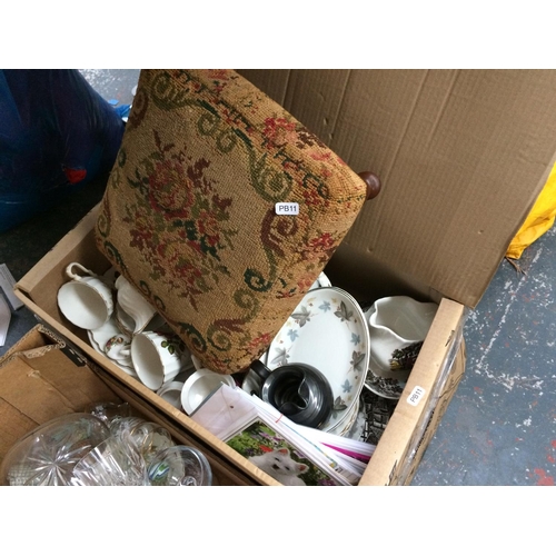 307 - FOUR BOXES AND A BAG CONTAINING MIXED ITEMS TO INCLUDE CERAMICS, GLASSWARE, KITCHENWARE, CUTLERY, PI... 