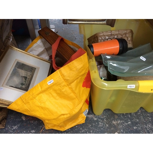 307 - FOUR BOXES AND A BAG CONTAINING MIXED ITEMS TO INCLUDE CERAMICS, GLASSWARE, KITCHENWARE, CUTLERY, PI... 