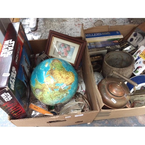 314 - THREE BOXES CONTAINING MIXED ITEMS TO INCLUDE CERAMICS, VINTAGE COPPER KETTLE, STAR WARS CHESS GAME,... 