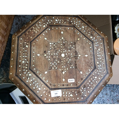 320 - AN ANGLO INDIAN BONE INLAID OCTAGONAL SIDE TABLE AND A VINTAGE METAL JAM PAN CONTAINING A ROADSTAR C... 